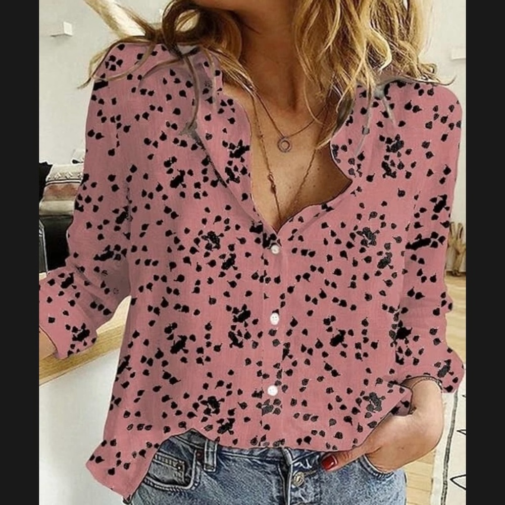 Dokotoo Pink Blouse Black Floral Button Down Collared Boho Modest Workwear Sz M